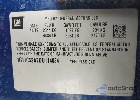 2013 Chevrolet Malibu 1Lt из США, поврежденный, VIN 1G11C5SA7DU114034